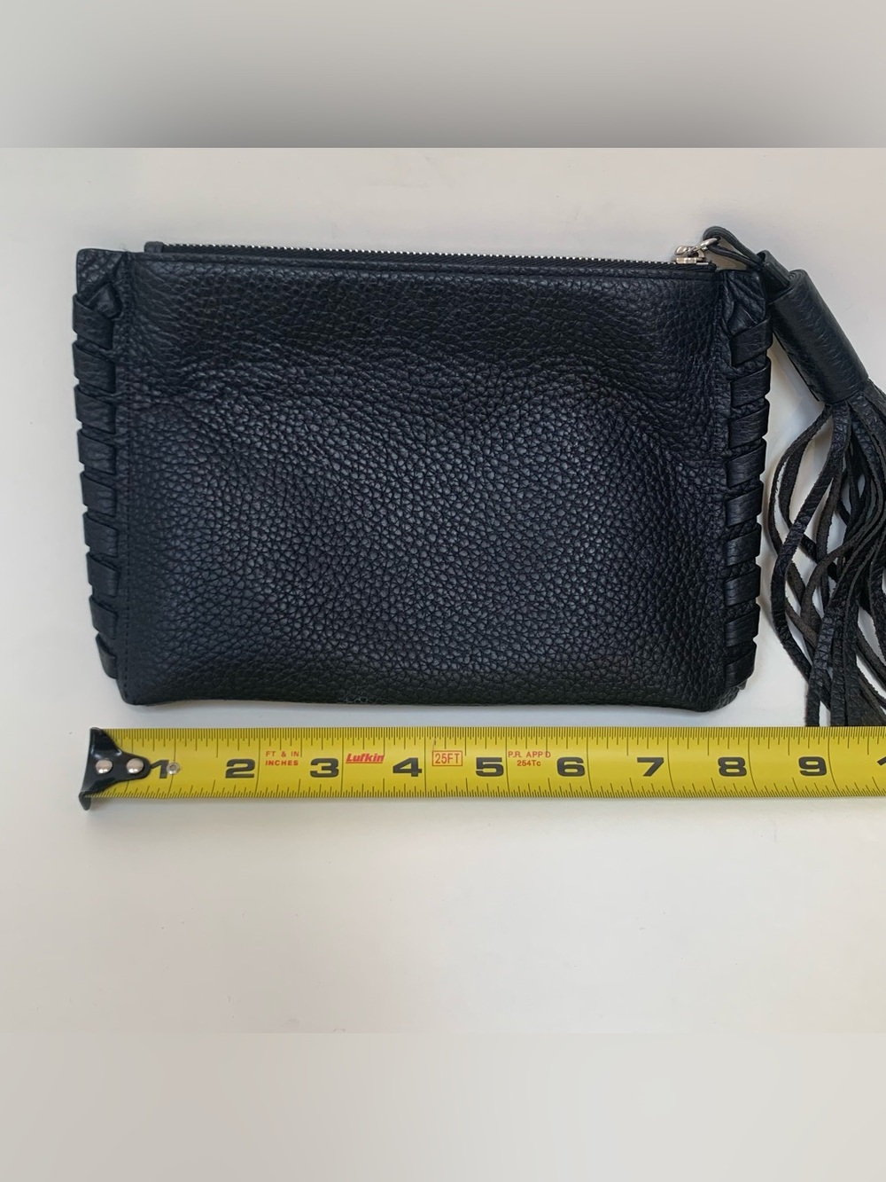 All Saints Black Leather Tassel Zip Clutch Wristlet Pebbled - Picture 4 of 7